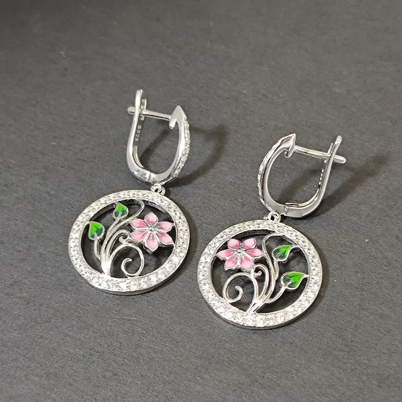 Sterling Silver Round Dangle Flower Earrings for Woman