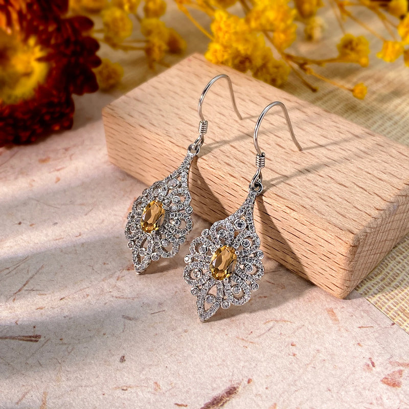 Sterling Silver Citrine Zircon Flower Drop Earrings for Women