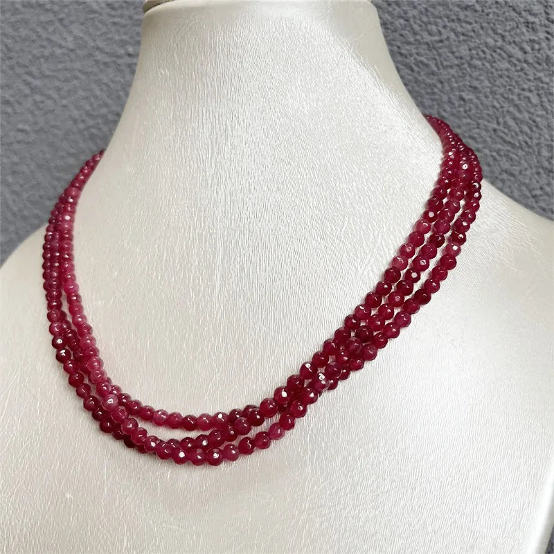 Sterling Silver Red Ruby Jade Faceted Round Chain Choker for Women