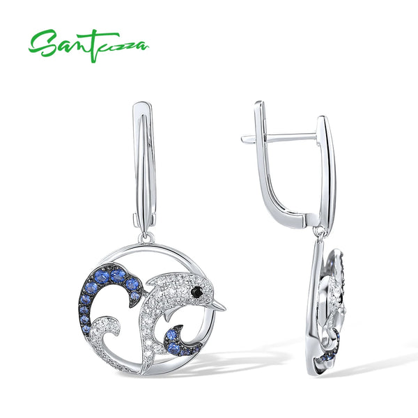 Sterling Silver Blue White CZ Dolphin Earrings & Pendant Set for Women