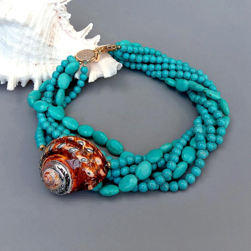 Y.YING 6 Strands Blue Turquoise Natural Sea Turbo Snail Necklace Fashionvacation Jewelry
