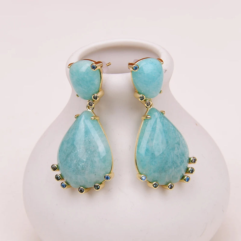 Gold Plated Amazonite Teardrop Dangle Earrings for Women