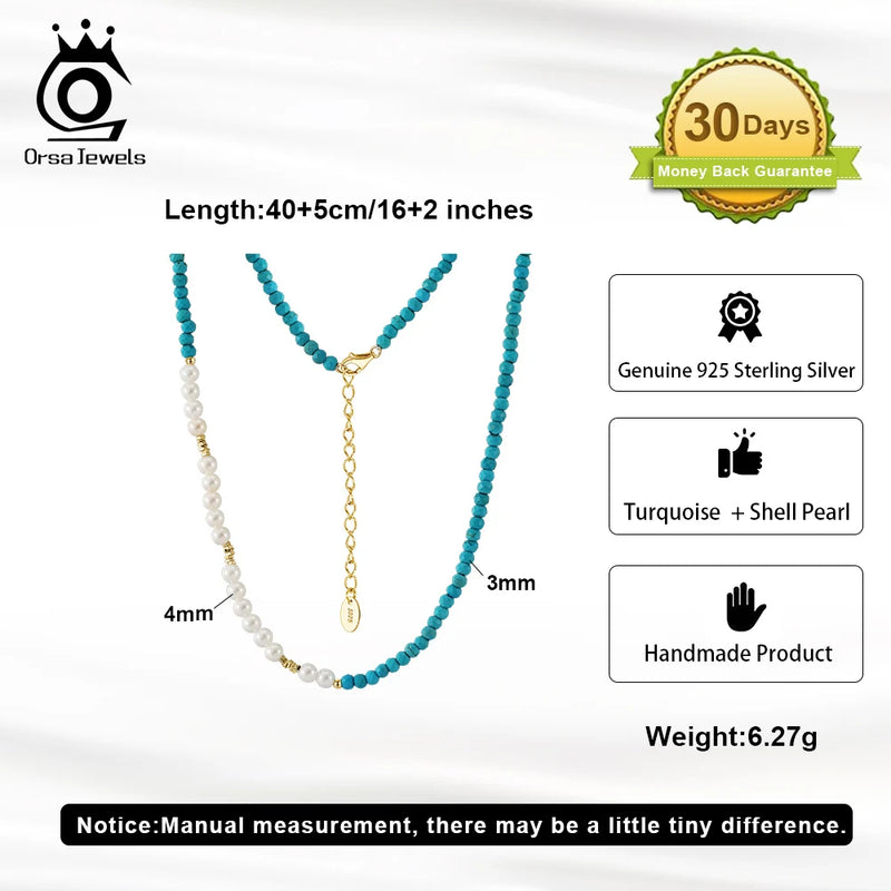 14K Gold Turquoise & Shell Pearl Chain Necklace for Women