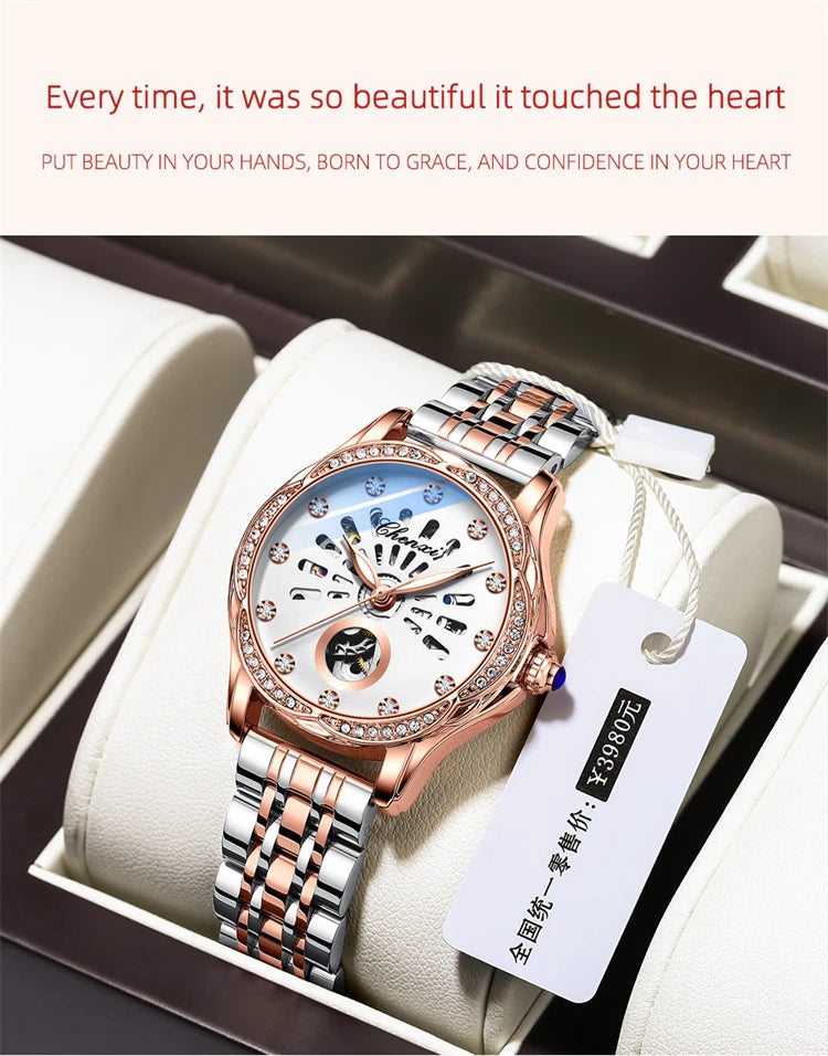 Stainless Steel Hollowed Out Automatic Diamond Waterproof Luminous Watch for Women