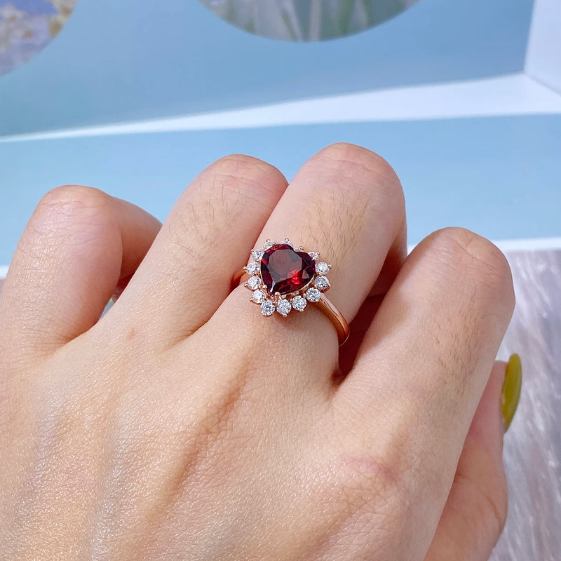 Sterling Silver Natural Red Garnet Heart Ring for Women