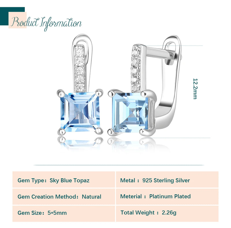 925 Sterling Silver Square Natural Sky Blue Topaz Hoop Earrings for Women