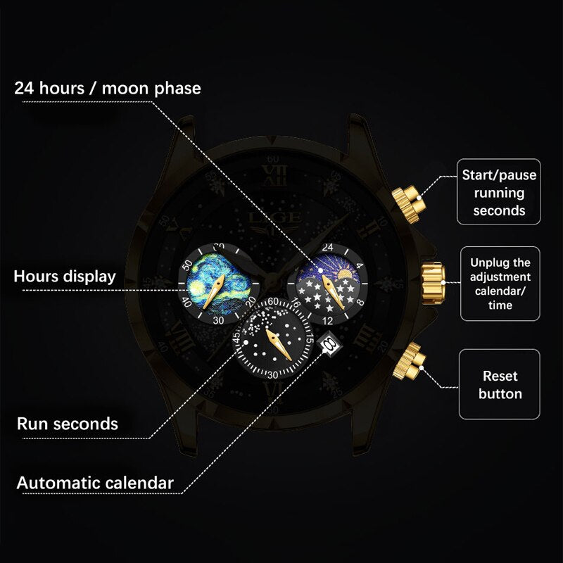 Stainless Steel Leather Waterproof Luminous Watch for Men