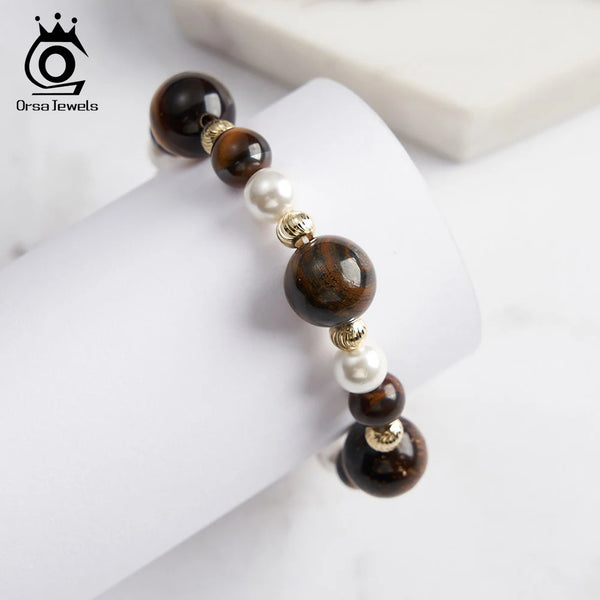 Sterling Silver Tigers Eye and Shell Pearl Bracelet for Women