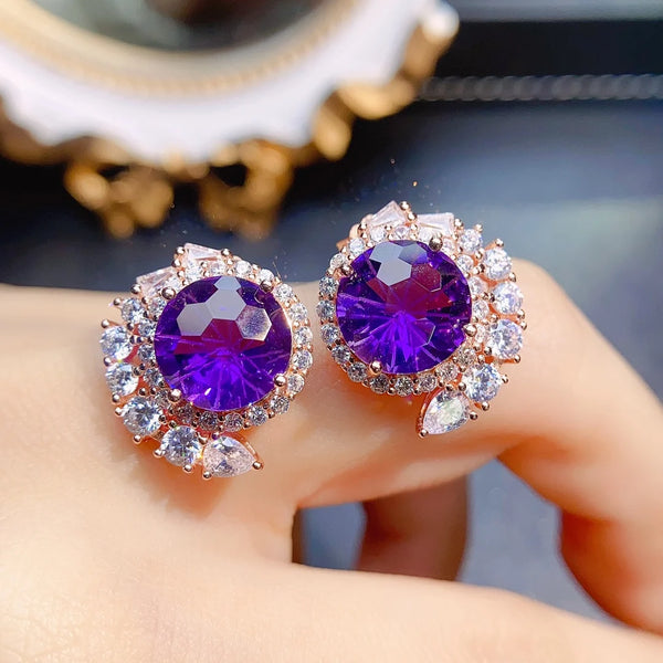 S925 Sterling Silver 10mm Natural Amethyst Earrings