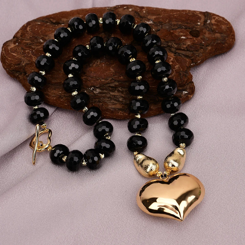 Gold Plated Black Onyx Abacus Shaped Heart Pendant Necklace for Women