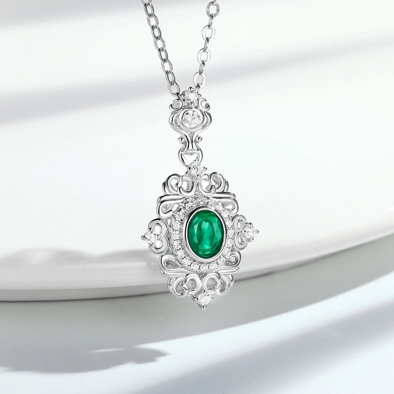 925 Sterling Silver Natural Emerald Pendant Necklace for Women