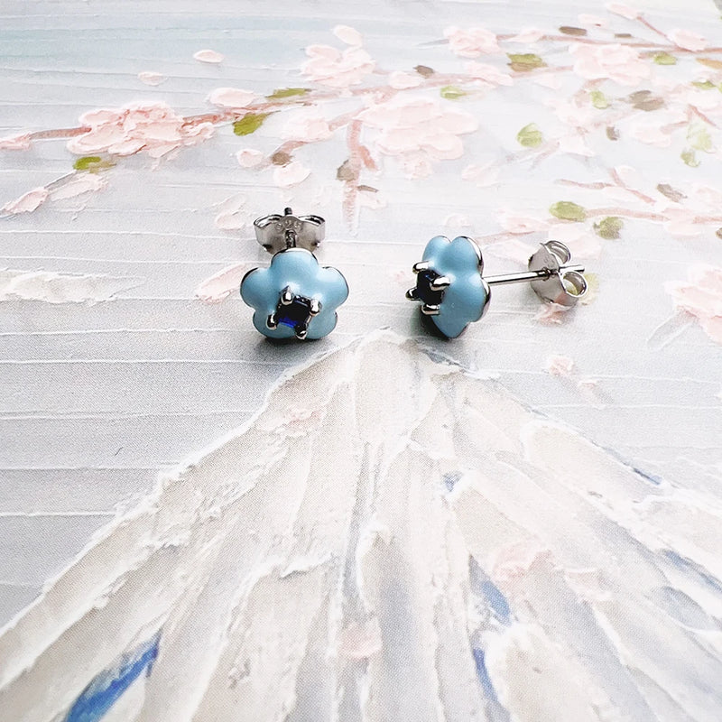 925 Sterling Silver Blue Flower Stud Earrings for Women