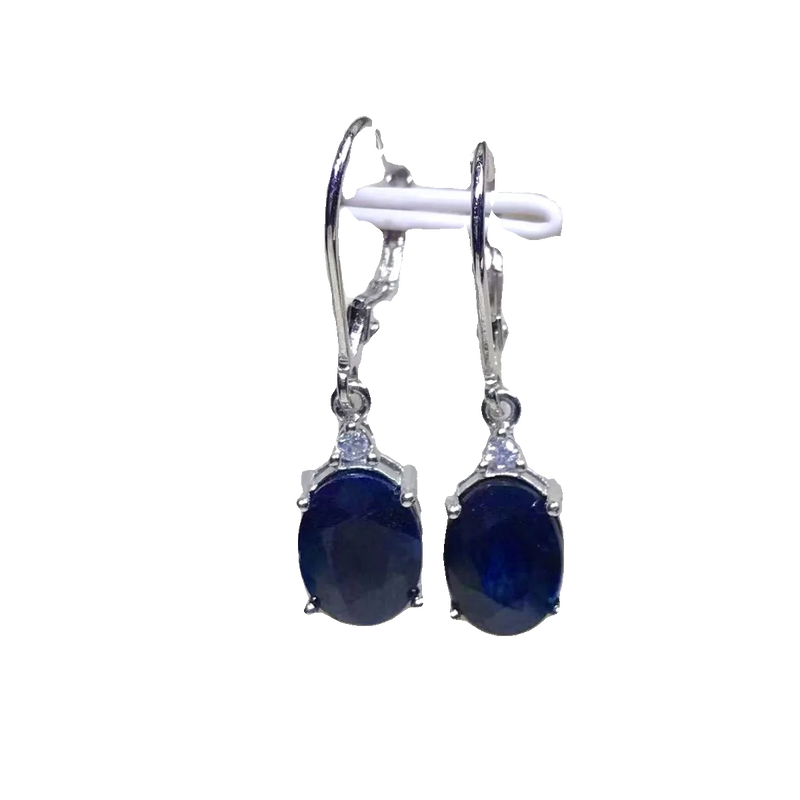 925 Sterling Silver Natural Black Sapphire Drop Earrings 7mm*9mm for Women