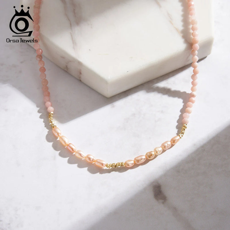 14K Gold Plated Pink Opal & Pearl Minimalist Necklace for Women