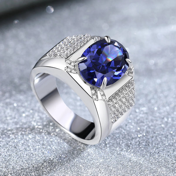 Sterling Silver Grand Oval Created Tanzanite Rings for Men