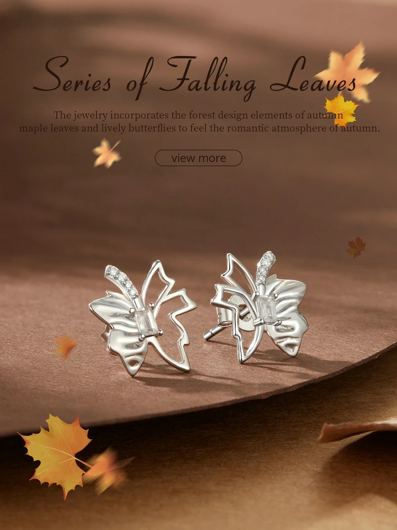 Sterling Silver Autumn Leaf Butterfly Stud Earrings for Women