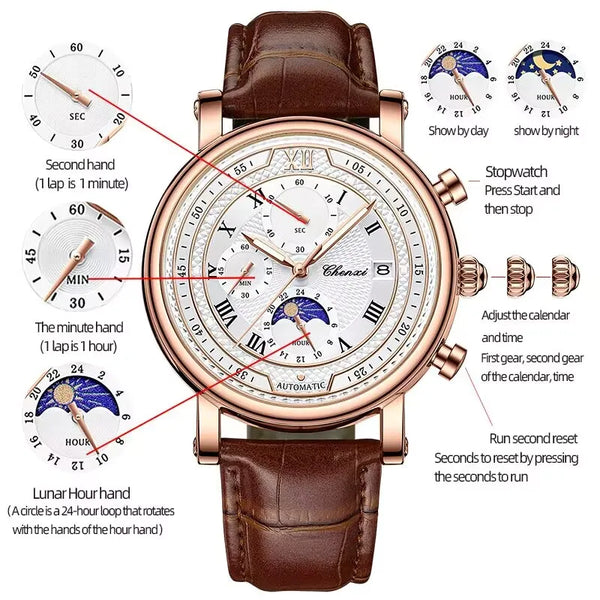 Stainless Steel Leather Chronograph Date Phase of the Moon Watch for Men