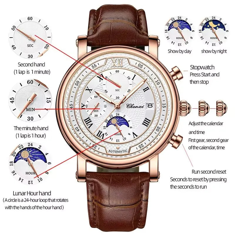 Stainless Steel Leather Chronograph Date Phase of the Moon Watch for Men