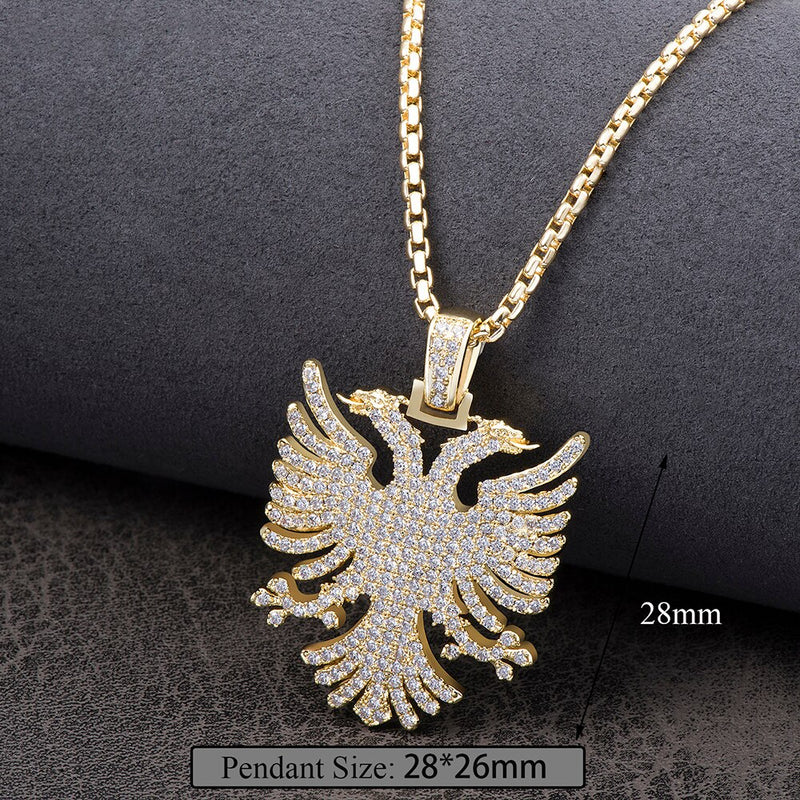 Gold Plated Cubic Zirconia Albanian Eagle Pendant Necklaces for Men