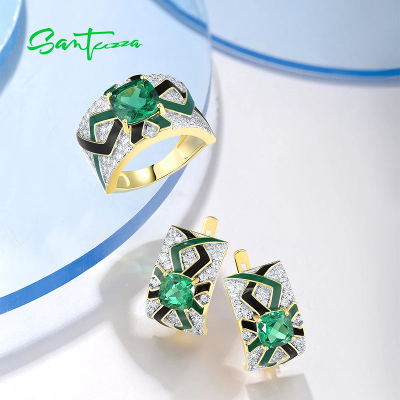 Sterling Silver Sparkling White CZ Green Spinel Enamel Ring and Earrings Set for Woman