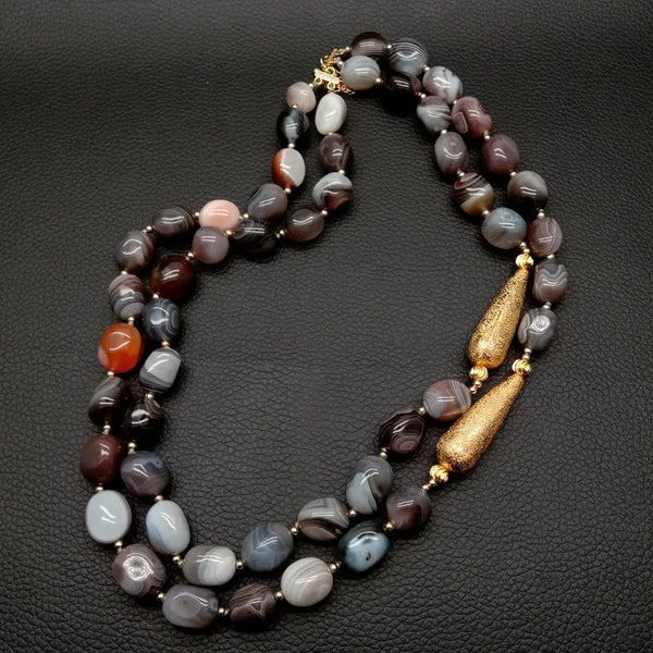 Gold Plated Botswana Sardonyx Agate Two Strand Necklace for Women