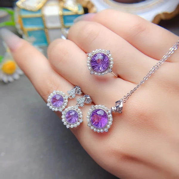 925 Sterling Silver Amethyst Fine Jewelry Set for Women