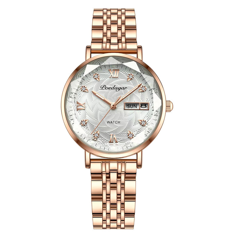 Stainless steel Luminous Quartz Date Week Waterproof Watch for women