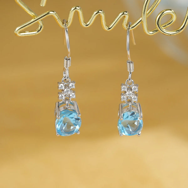 925 Sterling Silver Natural Blue Topaz Dangling Earrings for Women