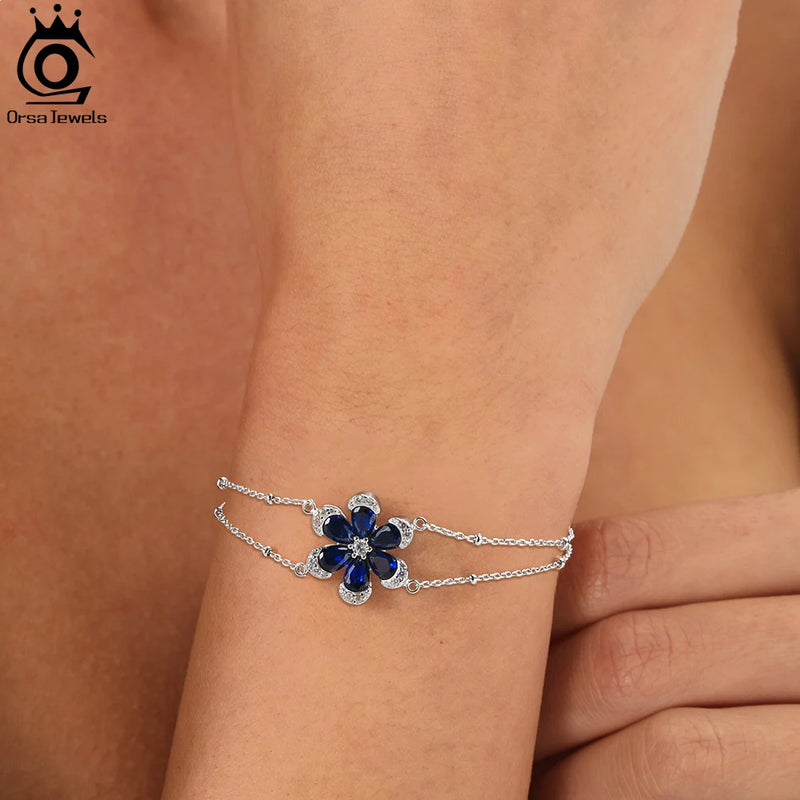 925 Sterling Silver Created Sapphire Flower Bracelet for Women