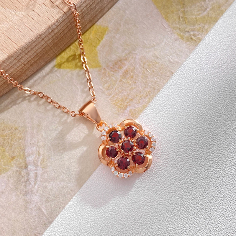 Rose Gold Plated Garnet Geometric Flower Pendant Necklace for Women