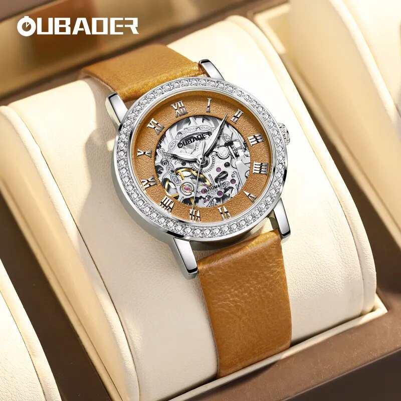 Stainless Steel Diamond Crystal Skeleton Automatic Watch for Women