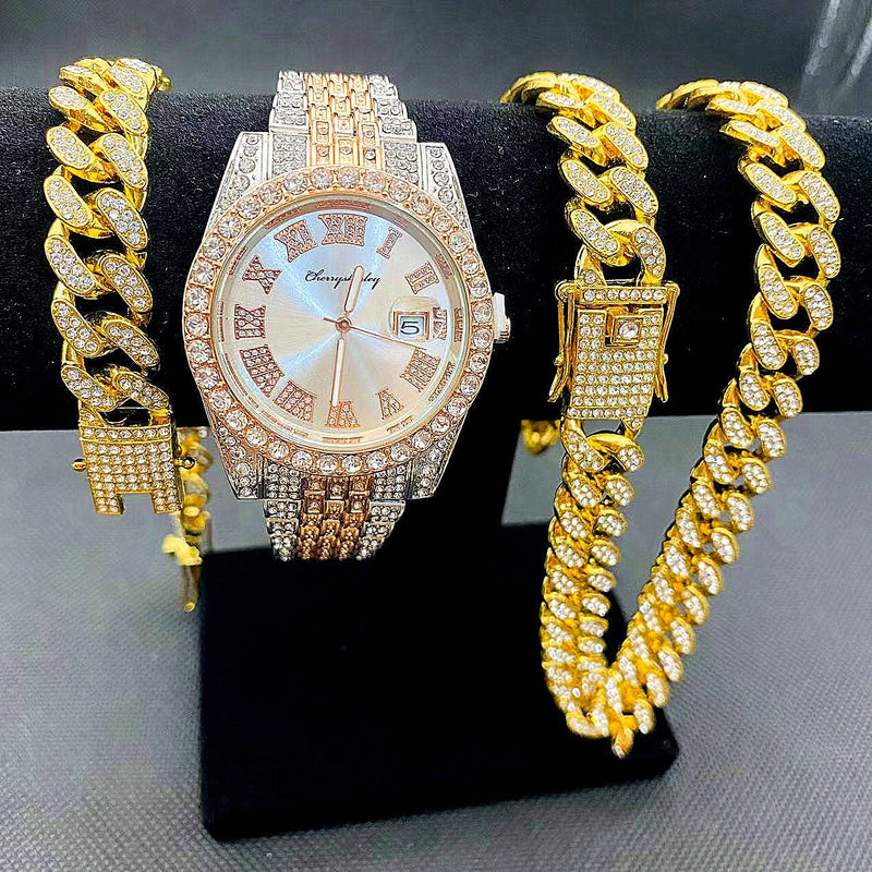 14K Gold Iced Out Watches Men's Cuban Link Chain Bracelet Necklace Set for Men