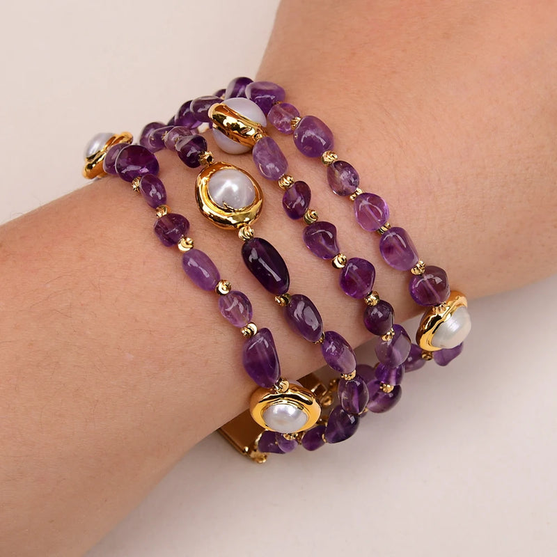 Sterling Silver Purple Amethyst Nugget Bracelet with White Pearl Edge for Lady