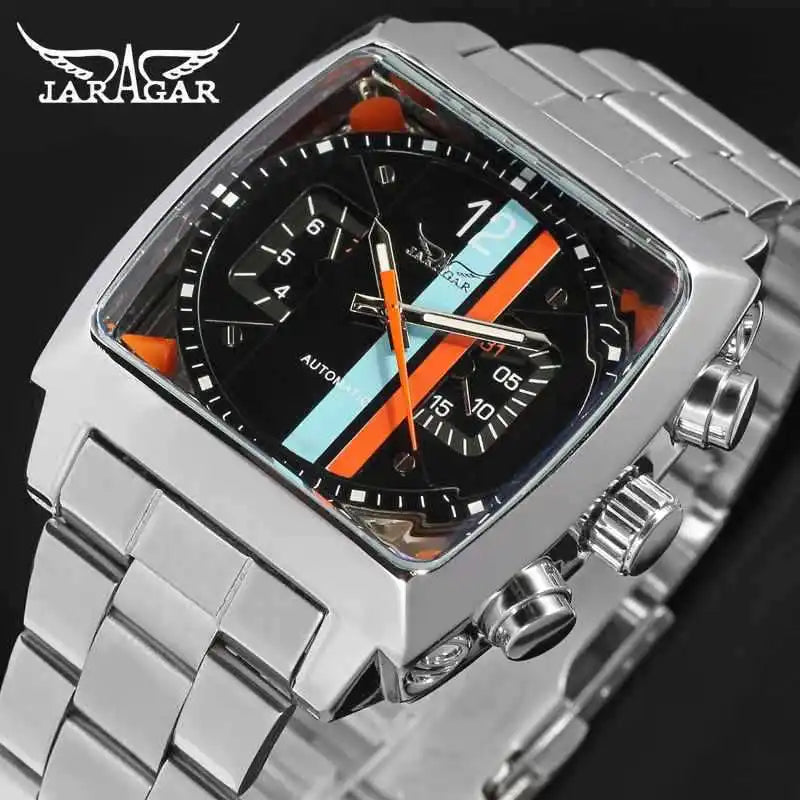 Stainless Steel Square Automatic Mechanical Watch with Date and Week for Men