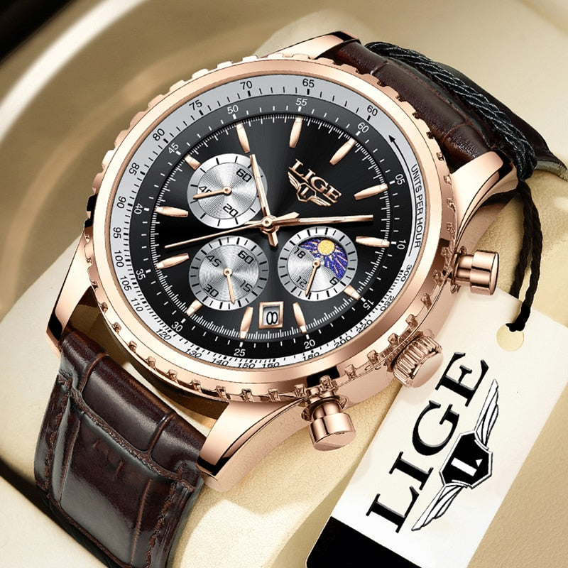 Stainless Steel Leather Quartz Chronograph Watch for Men