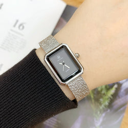 Sleek Quartz Movement Stainless Steel Mesh Band Watch with Black Face for Women