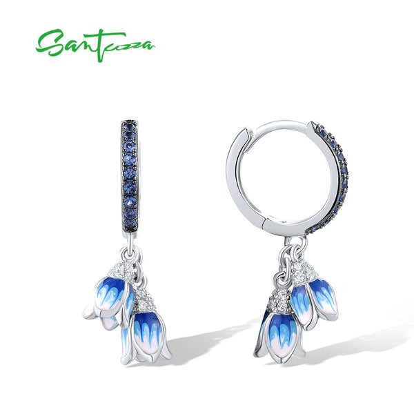 Sterling Silver White Blue Enamel Tulip Flower Drop Earrings for Women