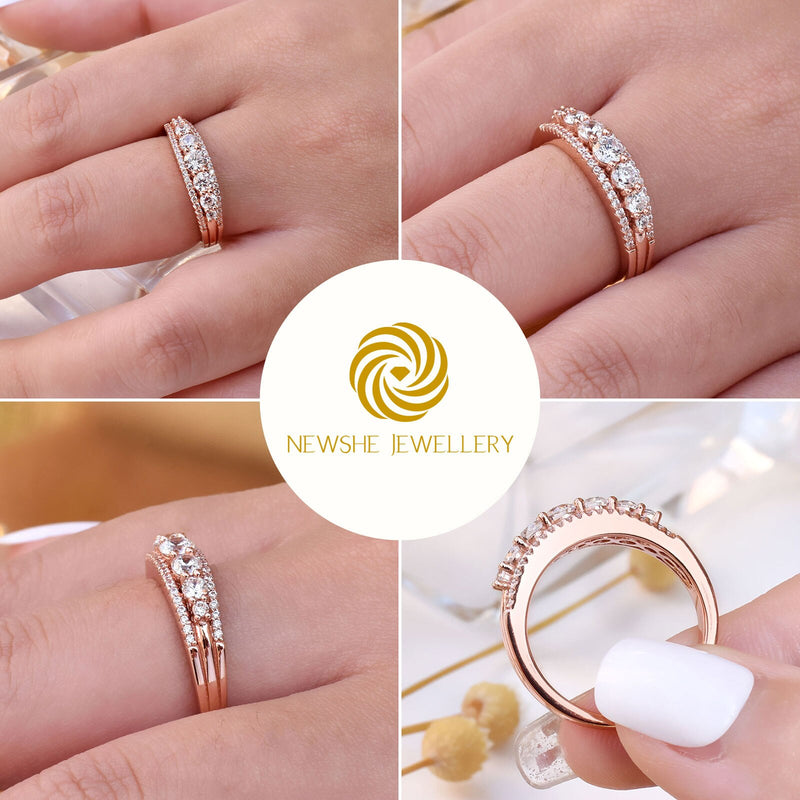 Solid 925 Sterling Silver Yellow Rose Gold Round Cut AA CZ Eternity Band for Women