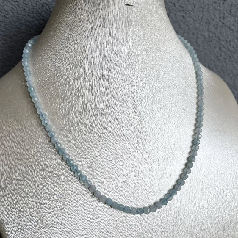 Sterling Silver Aquamarine Necklace, Multilayer Bead Chain Choker, Natural Stone, Sea Blue, Adjustable for Women