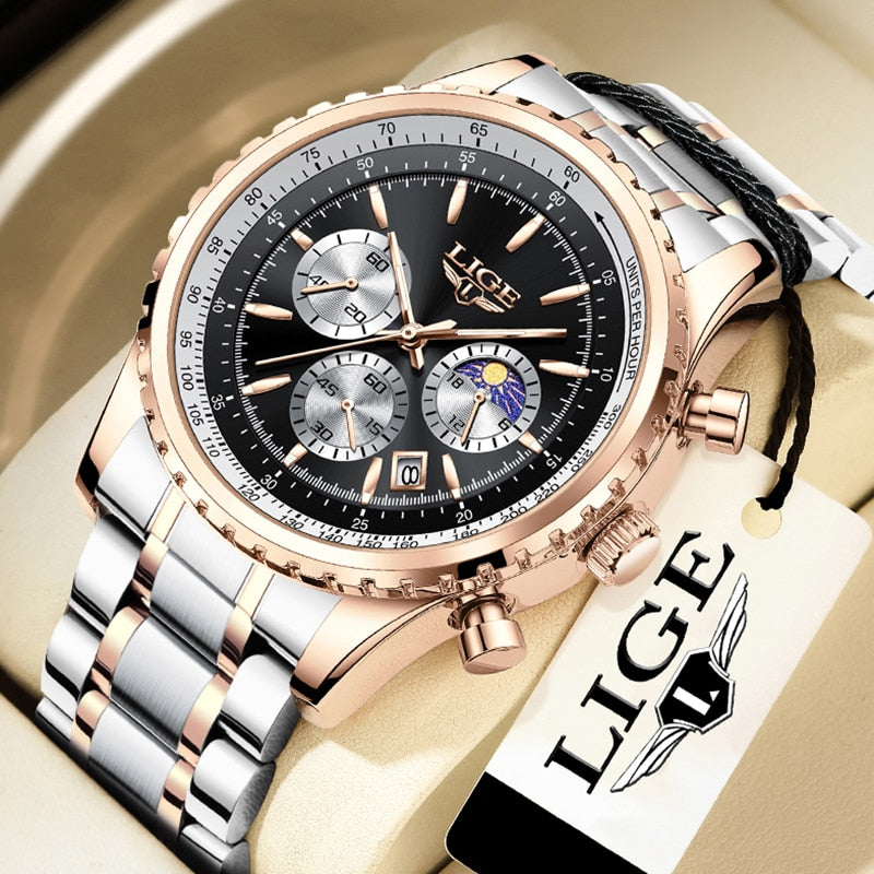 Stainless Steel Leather Quartz Chronograph Watch for Men