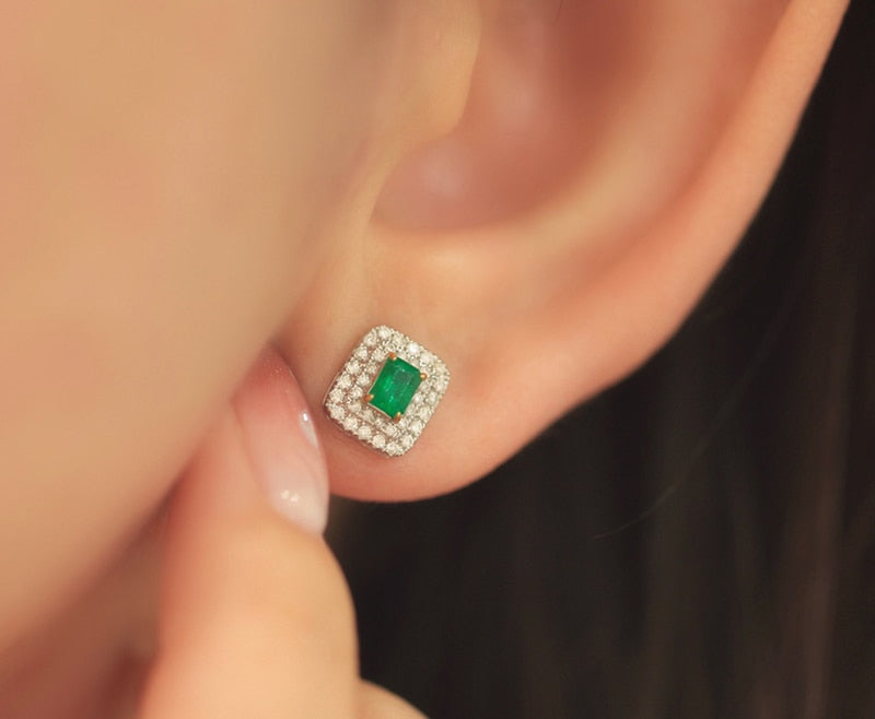 18K White Gold Natural Diamond and Emerald Halo Earrings for Women