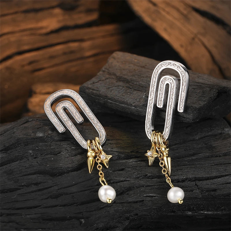 Sterling Silver Two Tone Paper Clip Star Pearl Dangle Earrings for Women