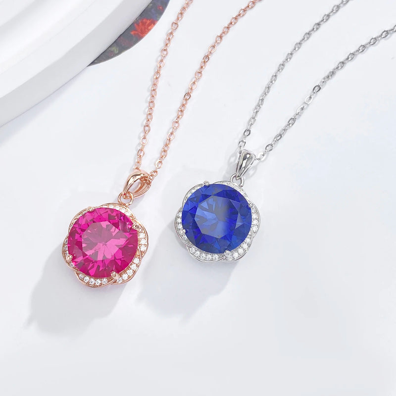 925 Sterling Silver Blue Red Corundum Flower Necklace for Women