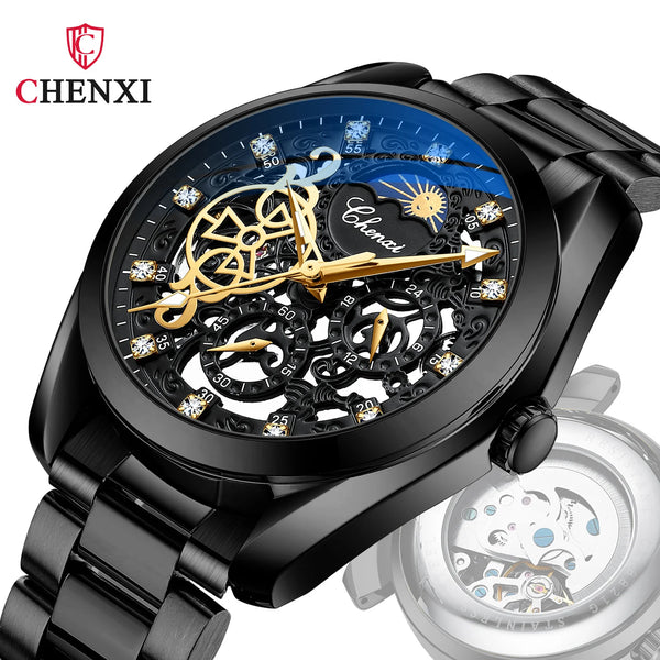 Stainless Steel Diamond Inlaid Mechanical Watch for Men