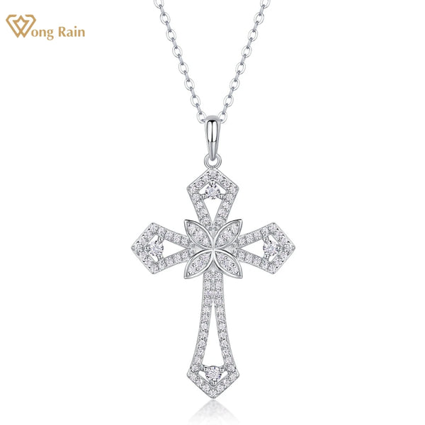 Wong Rain 100% 925 Sterling Silver VVS1 3EX D Color Real Moissanite Diamond Gems Sparkling Cross Pendant Necklace Jewelry GRA
