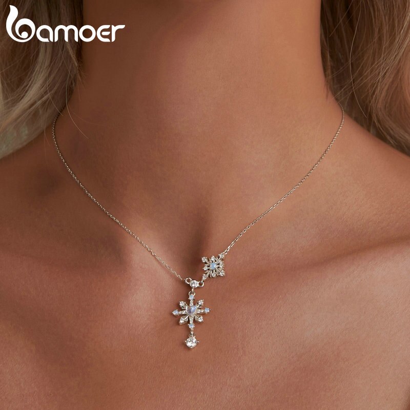 Sterling Silver Snowflake Pendant Necklace with Moonstone Starburst Chain for Women