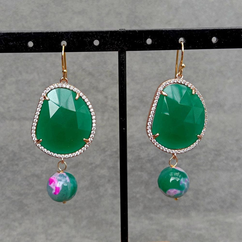 Y.YING Green Crystal Cubic Zirconia Pave Round Agate Dangle Hook Earrings 925 Sterling Silver Hook Plated Hook