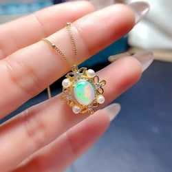 925 Silver Natural Opal Flower Pendant Necklace for Women