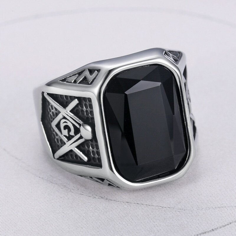 Titanium Stainless Steel Blue Red Black Gemstone A G Letter Carving Rings for Men