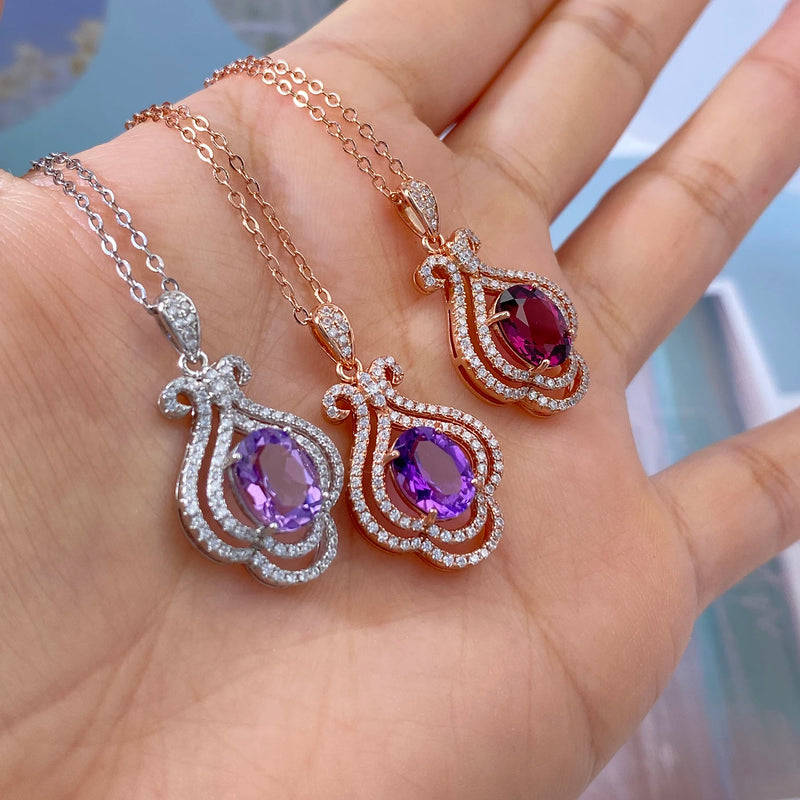 925 Sterling Silver Rose Gold Plated Amethyst Pyrope Zircon Pendant Necklace for Women